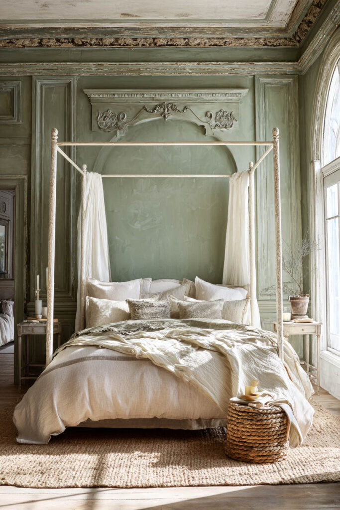 Vintage sage green bedroom with antique canopy bed, sheer drapes, and weathered walls for a romantic, timeless look.