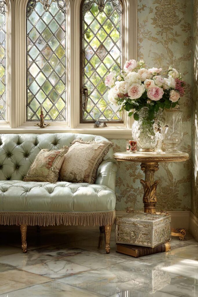 Vintage sage green living room with tufted silk sofa, floral wallpaper, leaded glass windows, and gold side table with crystal vase of roses.