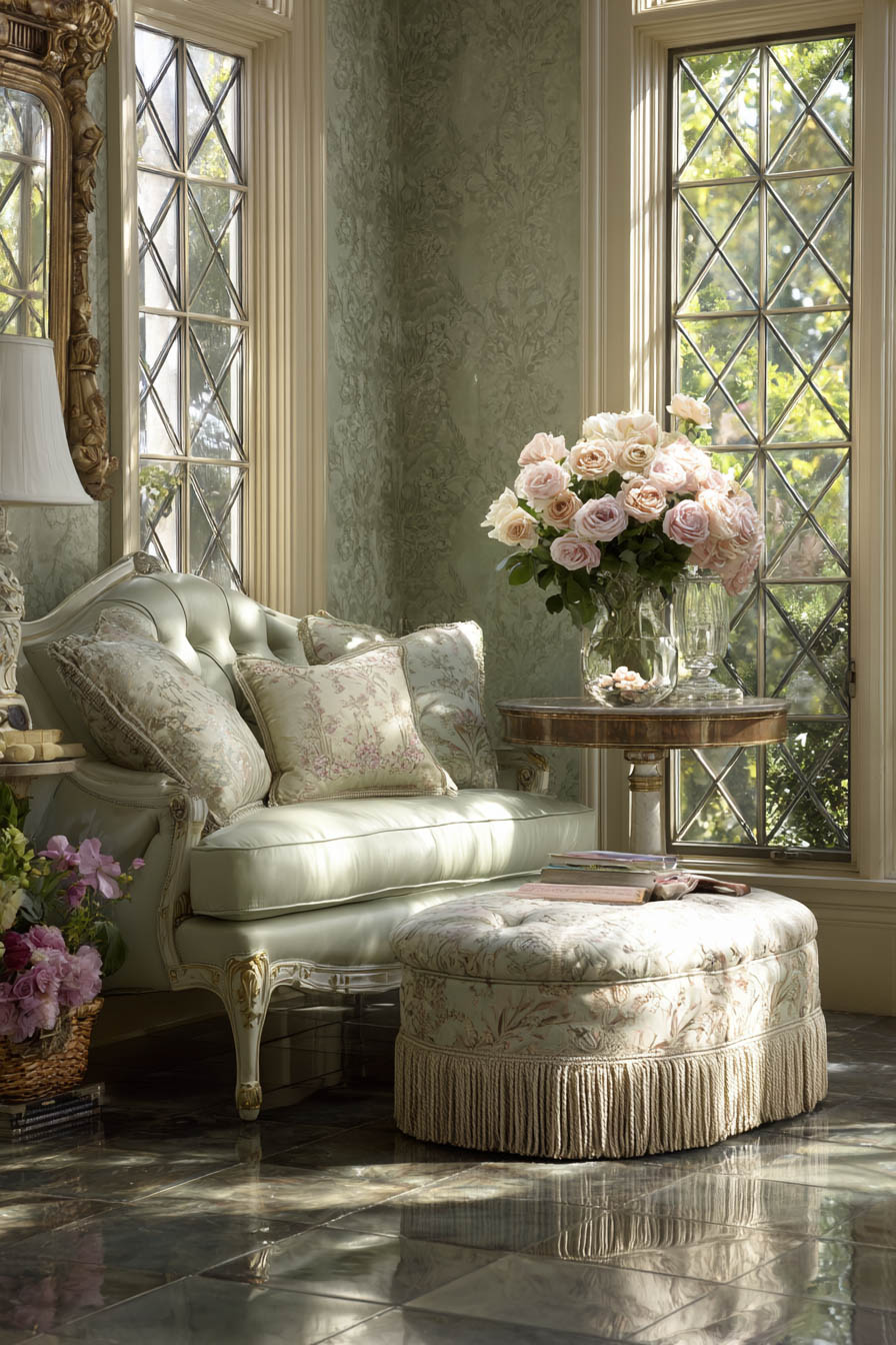 Classic sage green living room with tufted settee, floral pillows, diamond-paned windows, and ottoman with fringe detail beside pink rose arrangement.