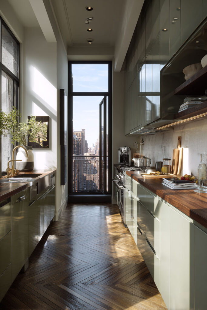Modern sage green galley kitchen with sleek cabinets, wood countertops, city view, tall windows, and natural light.