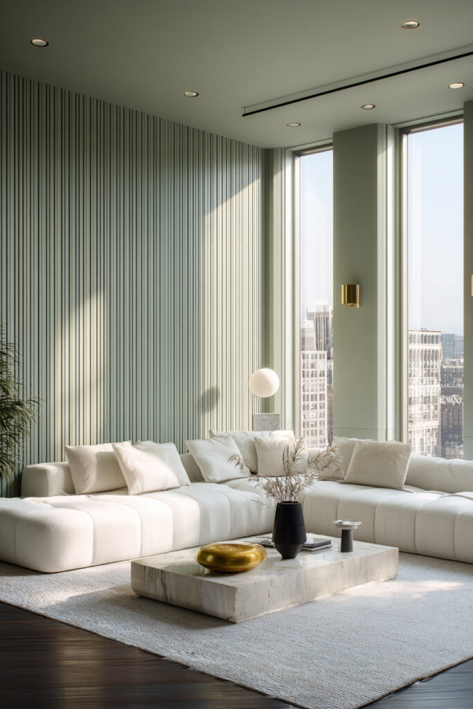 Modern sage green living room with vertical wall paneling, white modular sofa, marble coffee table, and city view windows.
