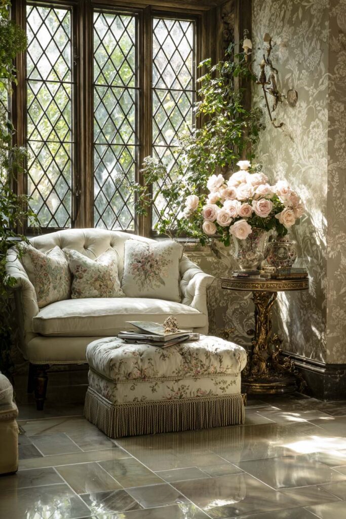 Romantic sage green sitting room with floral upholstered chair, damask wallpaper, antique side table, and pink roses.