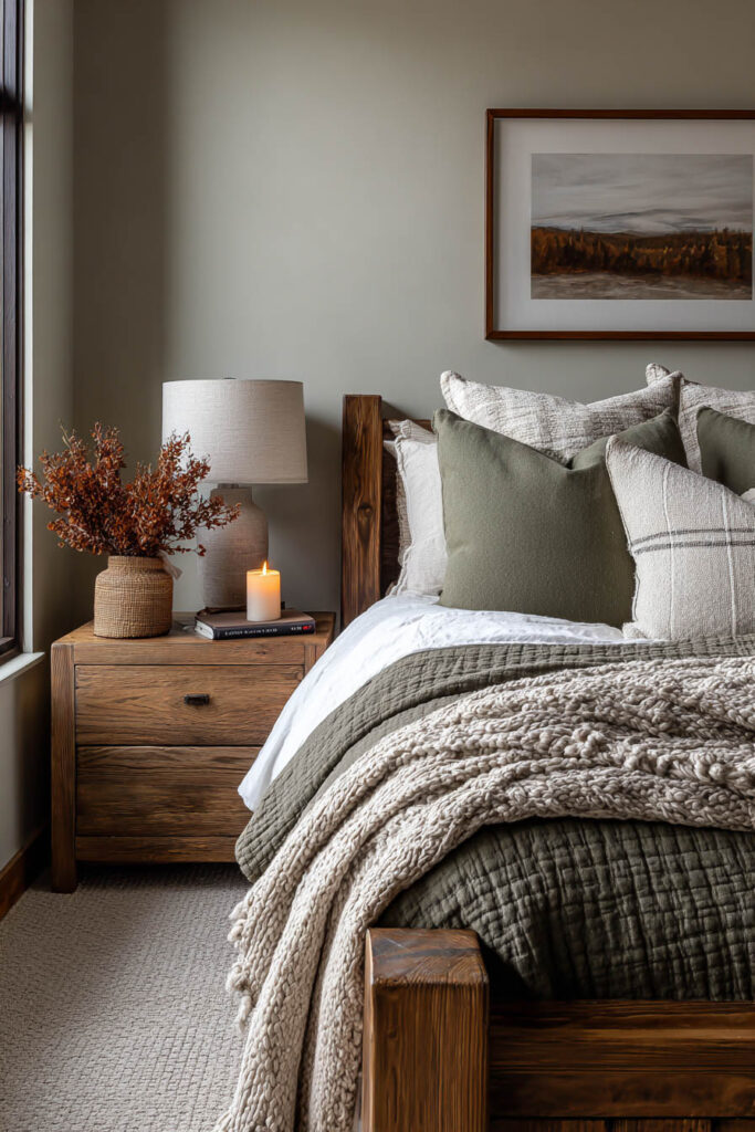 Rustic sage green bedroom with wood bed frame, layered bedding, knit blanket, and cozy neutral accents.