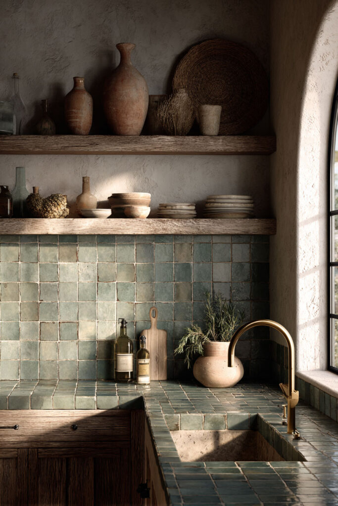 Rustic sage green kitchen with handmade tile counters, open wood shelves, clay pottery, brass faucet, and arched window.