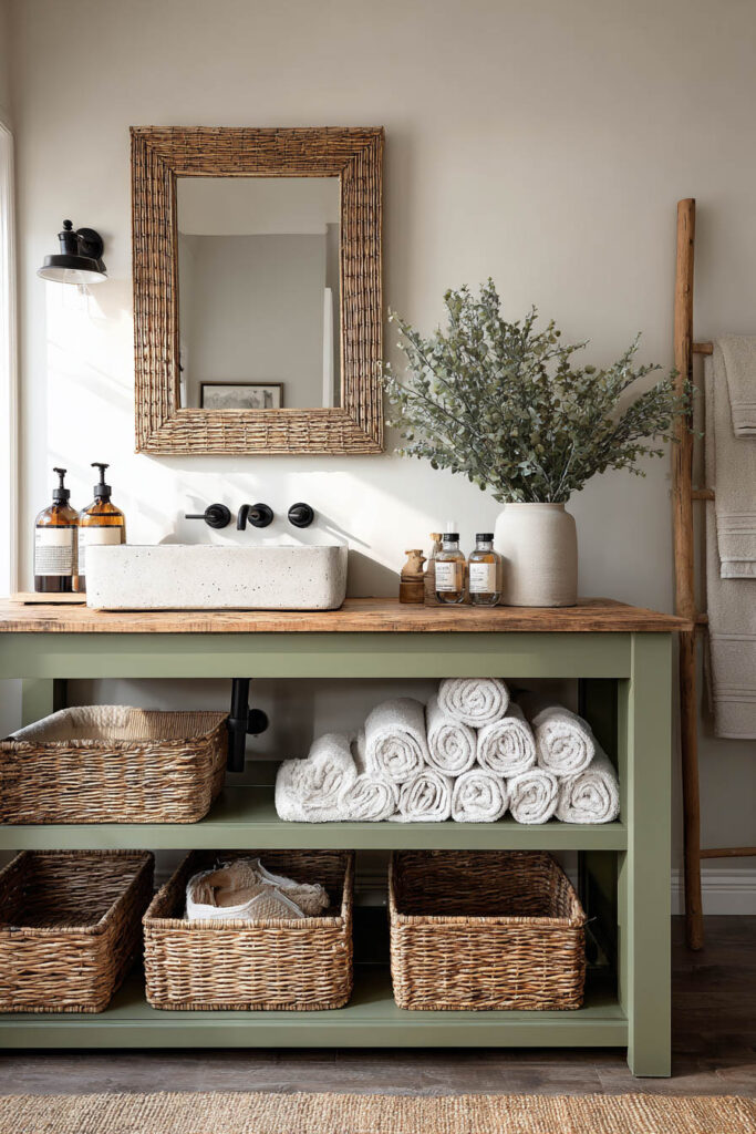 Sage green bathroom vanity with wood countertop, stone sink, woven storage baskets, rolled towels, and eucalyptus decor in a modern farmhouse style.