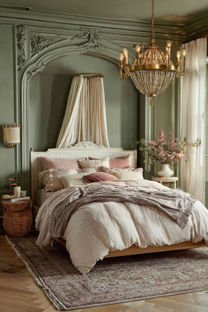 Romantic sage green bedroom with ornate molding, chandelier, layered pink bedding, and French-inspired vintage decor.