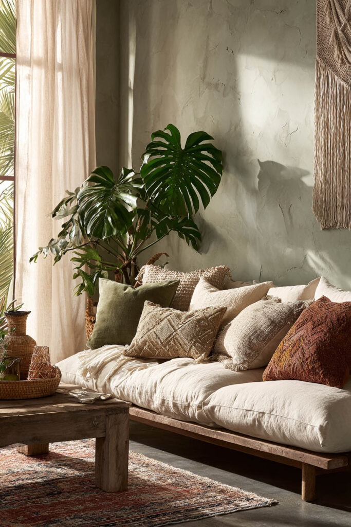 Boho living room with sage green pillow, natural textured cushions, rustic wood coffee table, and indoor plants.
