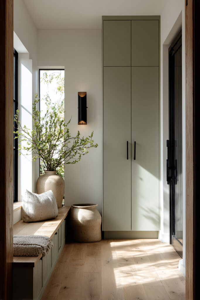 Minimal sage green entryway with built-in storage cabinets, wood bench, clay pots, greenery, and natural light from tall windows.