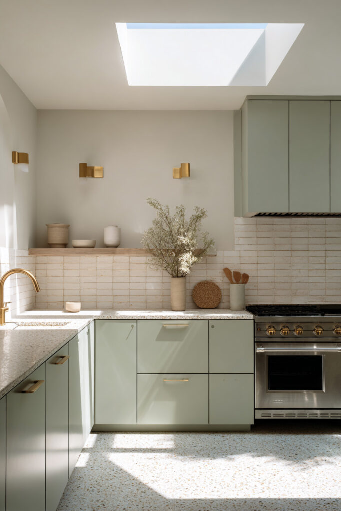 Sage green kitchen with terrazzo countertops, brass fixtures, skylight, and textured backsplash in a modern airy design.