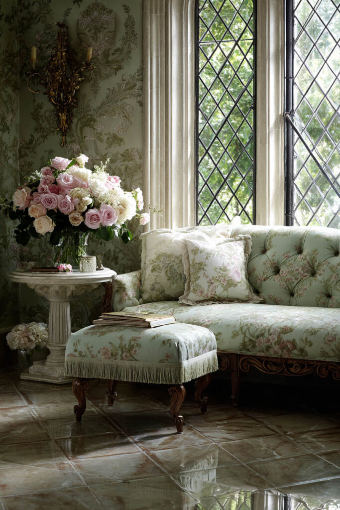 English cottage-inspired sage green living room with tufted floral sofa, damask wallpaper, diamond-paned windows, and large bouquet of roses on carved side table.