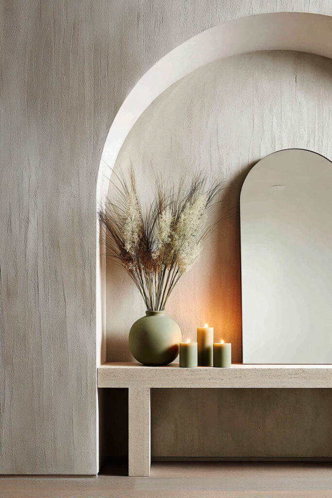 Arched alcove with sage green vase, pampas grass, candles, and modern mirror styled against a textured plaster wall.