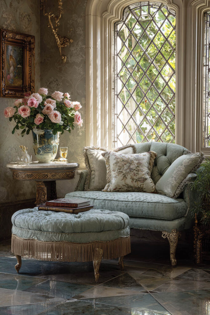 Vintage sage green living room with tufted chaise lounge, fringed ottoman, diamond-paned windows, floral pillows, and damask wallpaper.