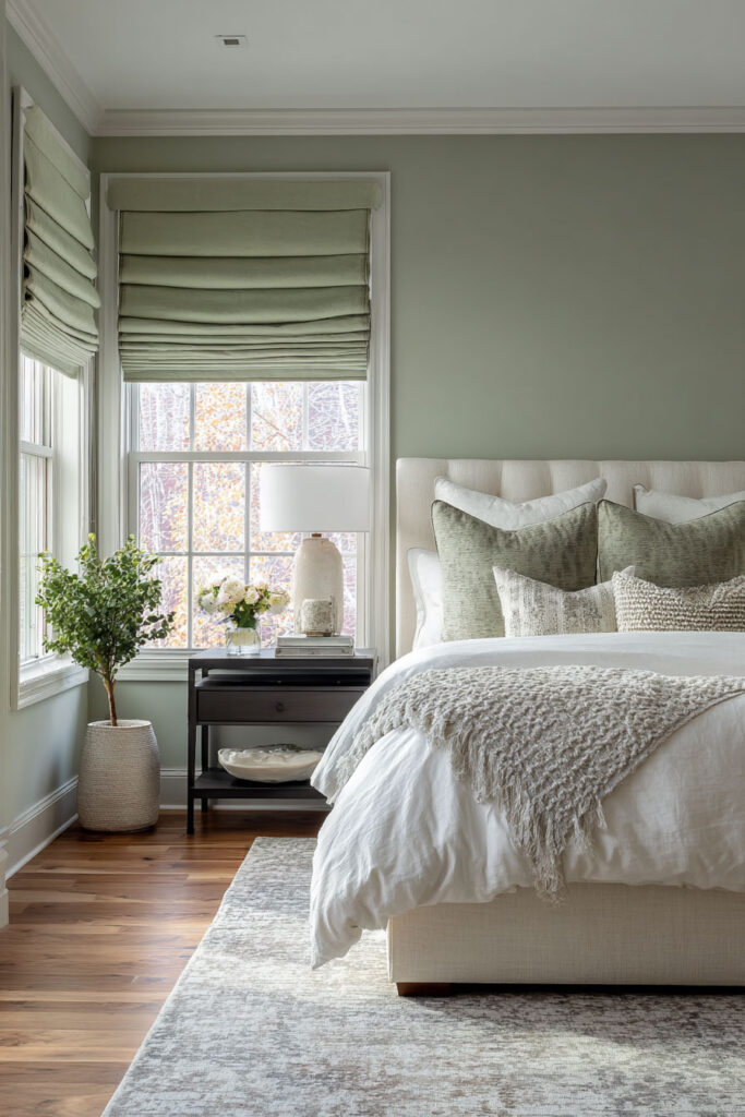 Bright sage green bedroom with roman shades, neutral bedding, layered pillows, and cozy textured accents.