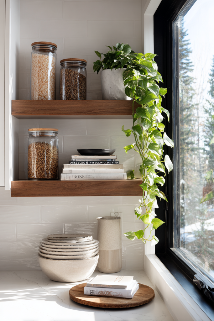 Contemporary kitchen corner shelves featuring glass jars of pantry staples, stacked books, a trailing pothos plant, neutral ceramics, and a wood tray, styled by a large window with natural light.