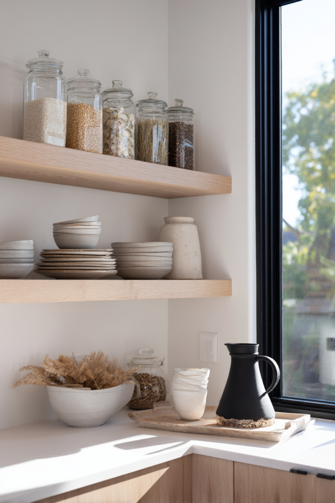 Contemporary kitchen floating shelves with clear glass jars filled with pantry staples, minimalist neutral dishware, and a matte black pitcher by the window.