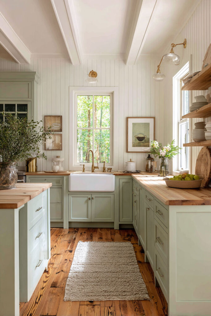 Farmhouse kitchen with sage green cabinets, butcher block countertops, brass fixtures, open shelving, and farmhouse sink.