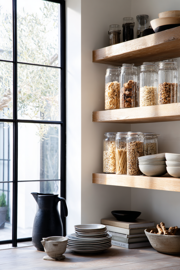 Open kitchen shelving with neatly arranged glass pantry jars, neutral ceramic dishes, and a black pitcher beside a large industrial-style window.