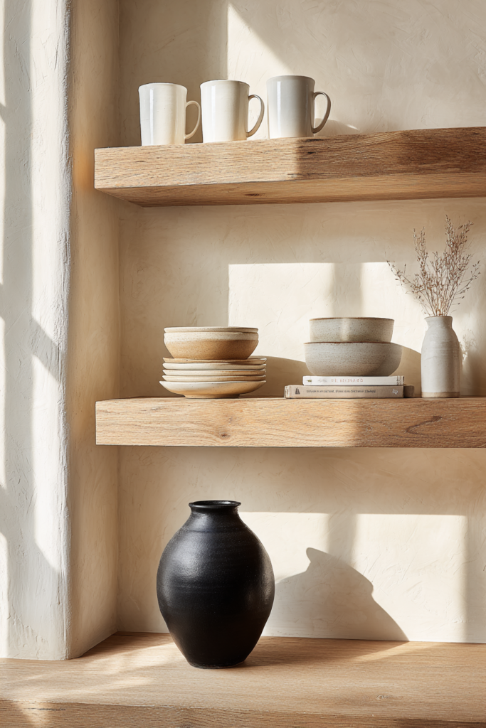 Minimalist kitchen floating shelves styled with ceramic mugs, stacked plates, earthy bowls, a matte black vase, and soft dried florals, all bathed in natural sunlight.