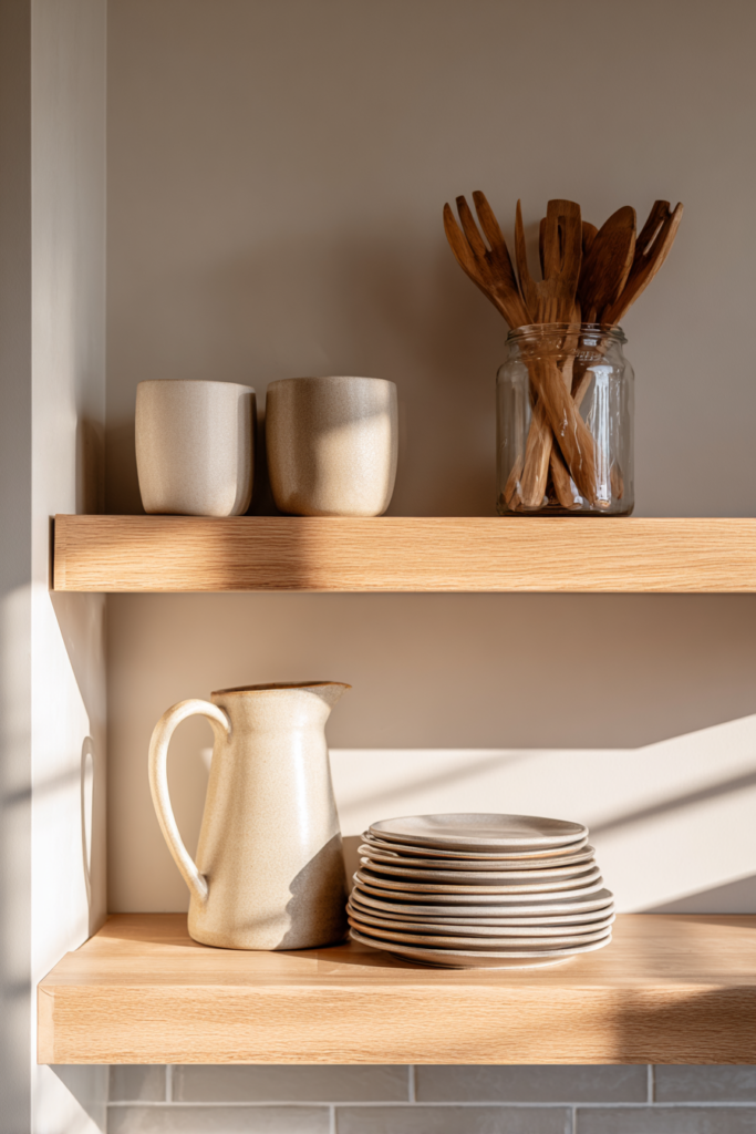 Modern kitchen floating shelves styled with stacked neutral-toned plates, a ceramic pitcher, two stoneware mugs, and a glass jar of wooden utensils, bathed in soft natural light.