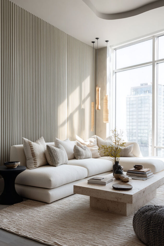Modern sage-inspired living room with floor-to-ceiling windows, cream sofa, stone coffee table, and minimalist neutral decor in a high-rise apartment.