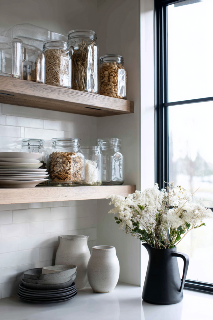 Minimalist kitchen shelves with glass pantry jars, stacked neutral dishware, and a black pitcher holding white dried flowers near a window.