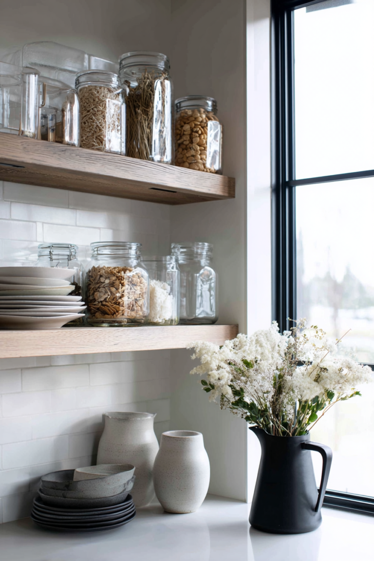 Minimalist kitchen shelves with glass pantry jars, stacked neutral dishware, and a black pitcher holding white dried flowers near a window.