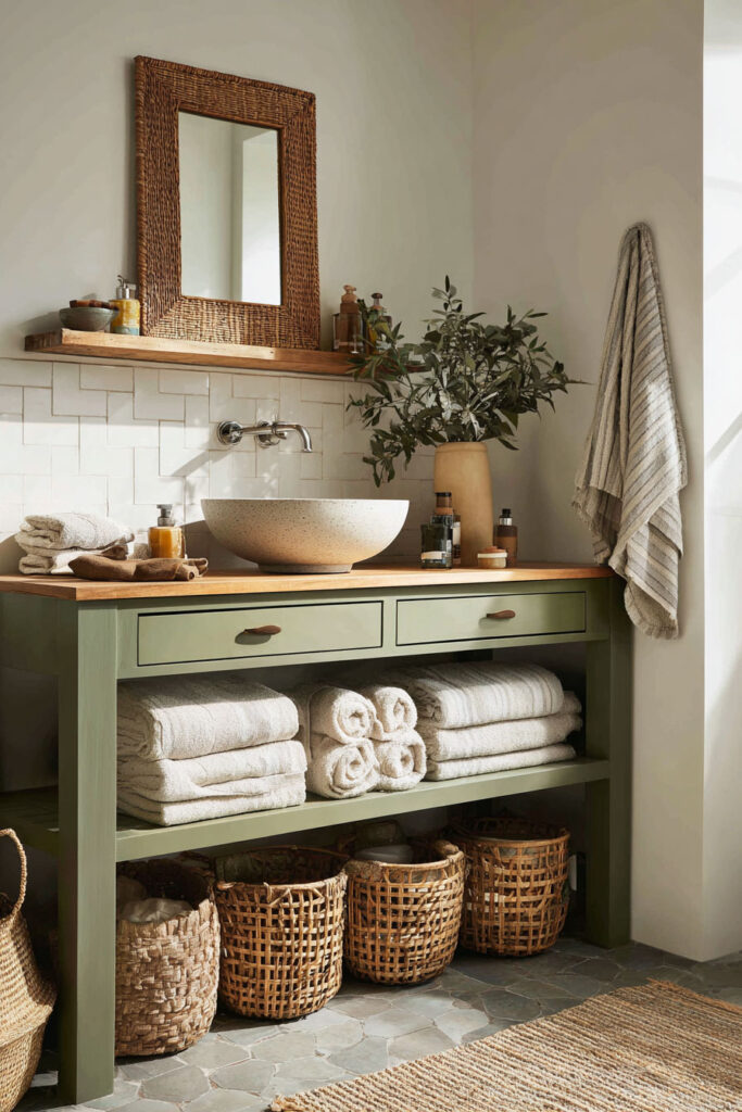 Farmhouse-style sage green bathroom vanity with wood countertop, stone vessel sink, woven baskets, and rolled towels for cozy storage.
