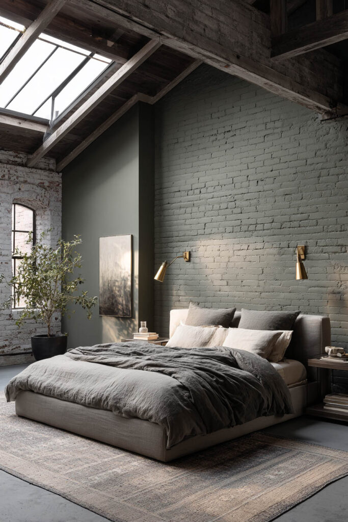 Industrial sage green bedroom with exposed brick wall, rustic wood beams, skylight, and layered gray bedding.