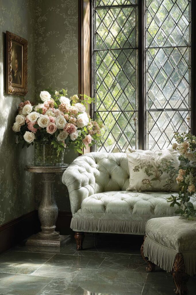 Sage green cottage sitting room with tufted loveseat, floral pillows, damask wallpaper, diamond-paned windows, and antique details.