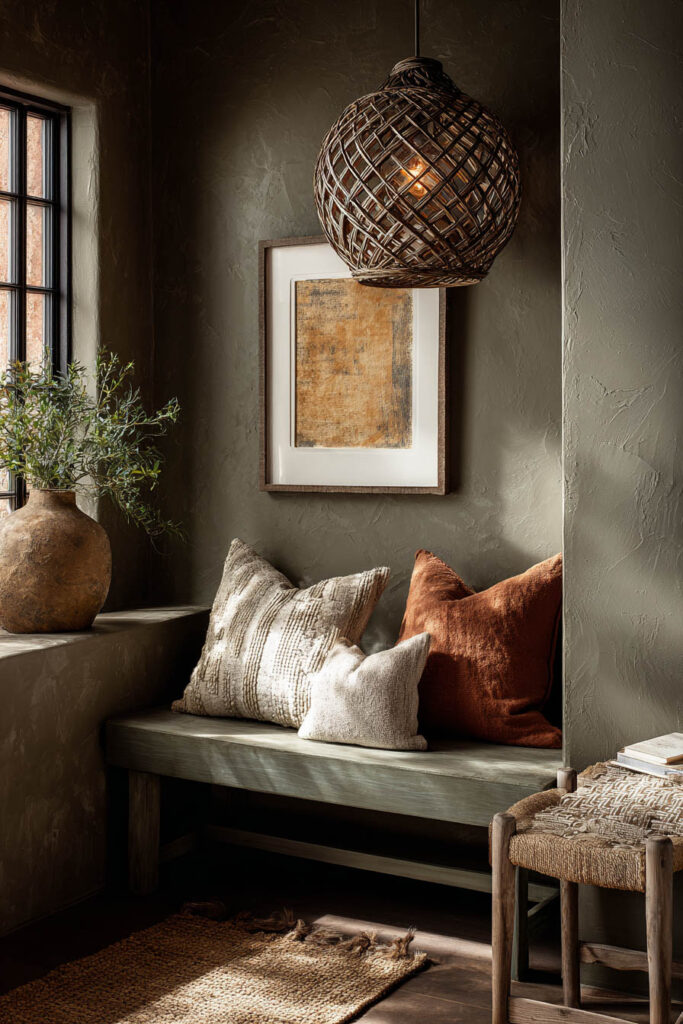 Sage green entryway nook with rustic bench, earthy throw pillows, woven pendant light, clay vase, and jute rug.