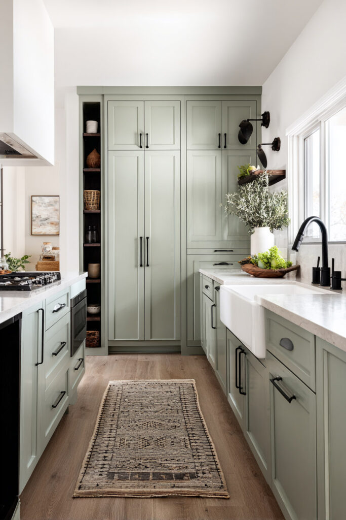 Sage green kitchen with shaker cabinets, farmhouse sink, black hardware, natural wood flooring, and patterned runner rug.