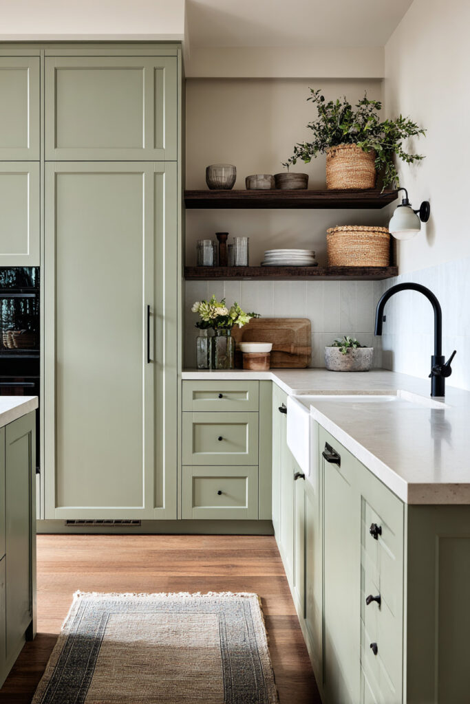 Sage green kitchen with shaker cabinets, black hardware, open shelving, farmhouse sink, and woven basket decor
