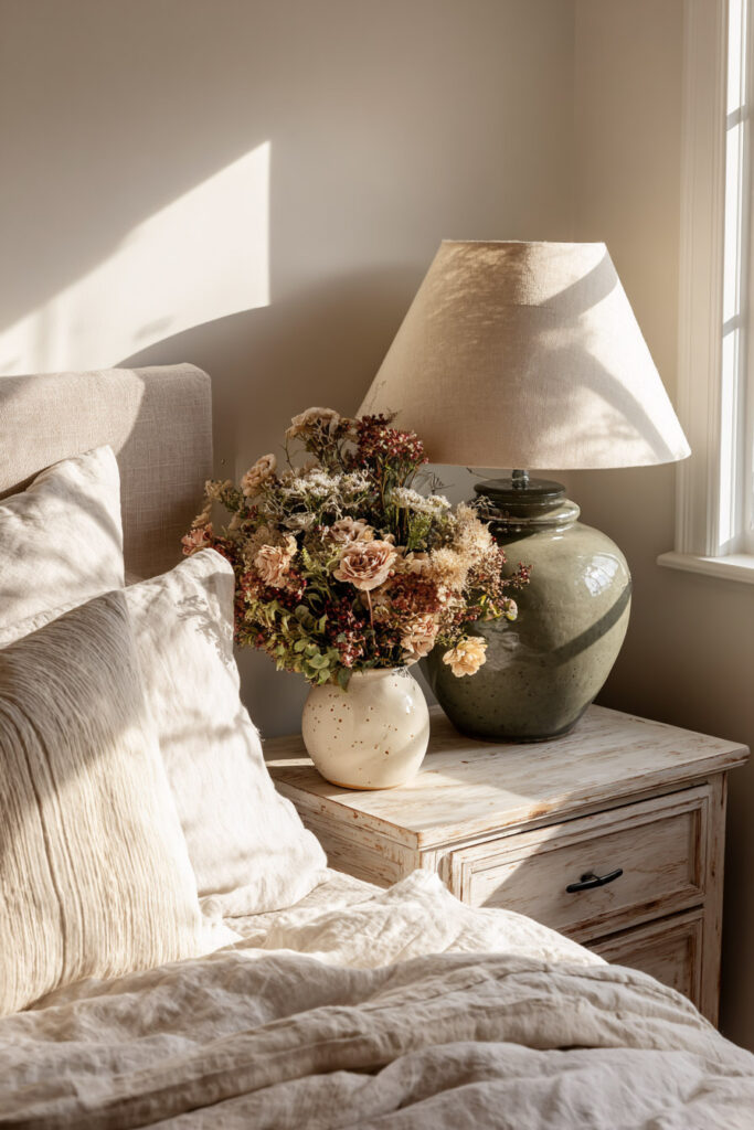 Bedroom nightstand styled with sage green ceramic lamp, dried floral arrangement, and neutral linen bedding in natural light.