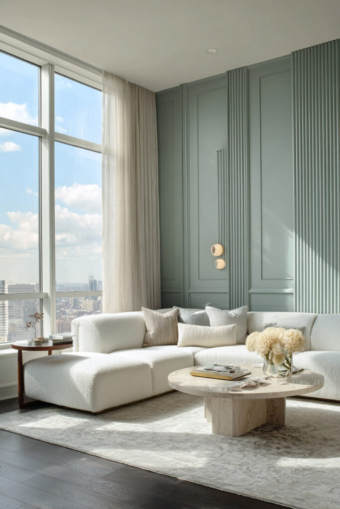 Modern sage green living room with paneled walls, floor-to-ceiling window, low-profile white sectional sofa, round stone coffee table, and city view.
