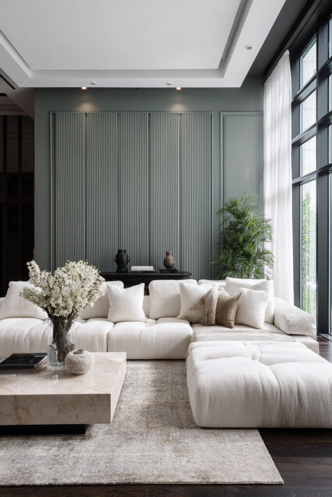 Modern sage green living room with paneled accent wall, white tufted sectional sofa, marble coffee table, and large windows.