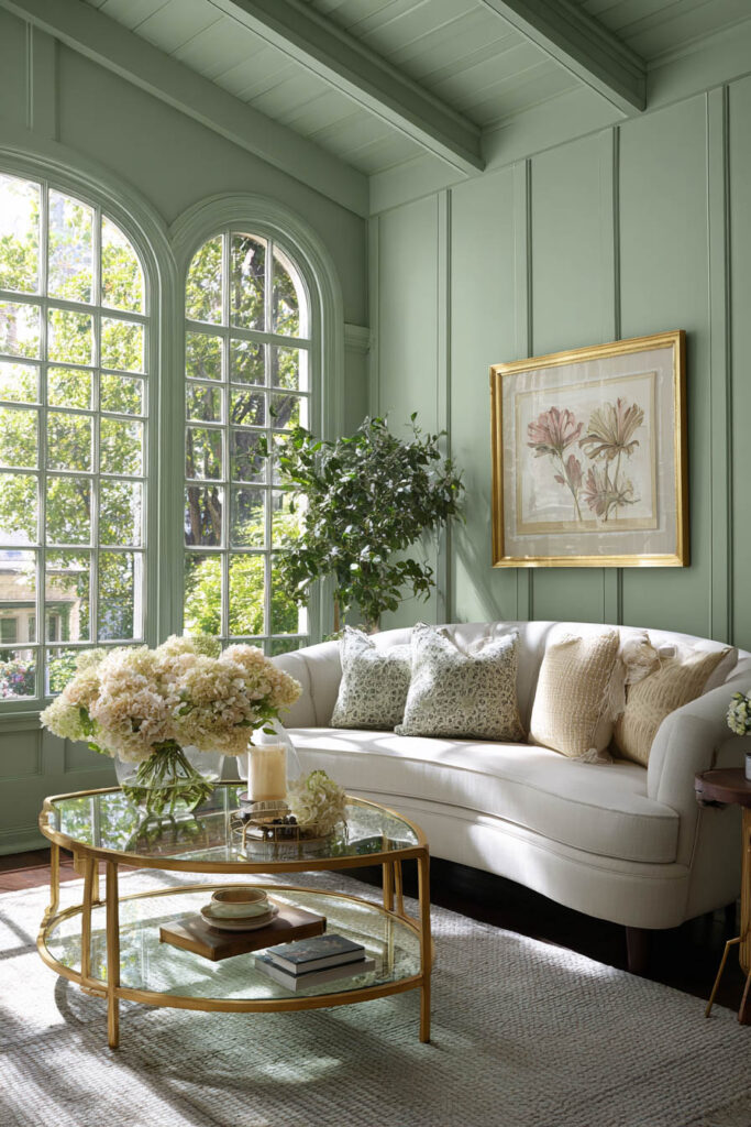 Sage green living room with paneled walls, arched windows, white sofa, glass gold coffee table, and hydrangea floral arrangement.