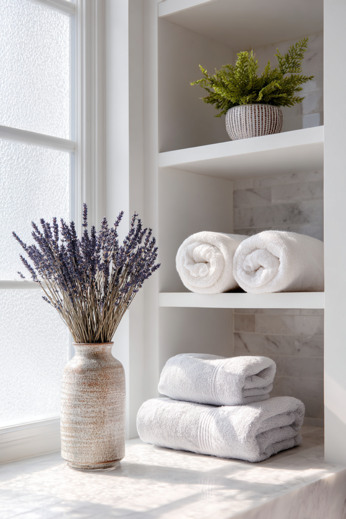 Bathroom shelf styling idea featuring white rolled towels, a ceramic vase with dried lavender, and a potted fern under soft natural light—perfect for a calming, spa-like vibe.