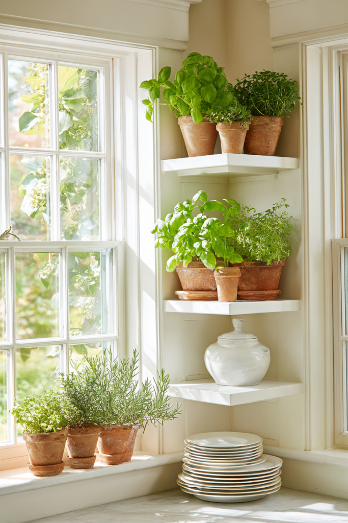 Bright Scandinavian kitchen corner with floating shelves holding fresh herbs in terracotta pots, white ceramic jar, and stacked dishes, styled in soft natural light.