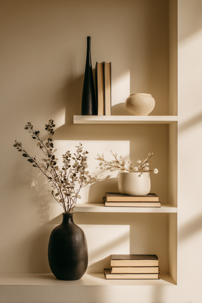 Scandinavian Shelf Styling with Books, Neutral Vases, and Natural LightScandinavian-style built-in shelf with stacked books, matte ceramic vases, dried florals, and soft neutral tones, styled in warm natural light.