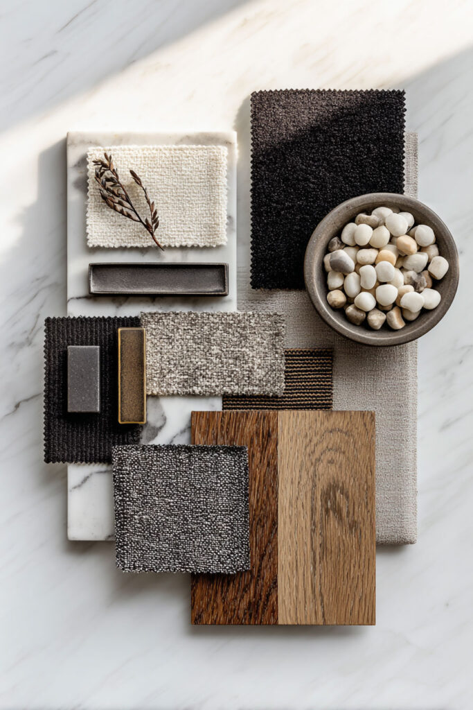 Black and white interior design mood board featuring textured fabric swatches, natural wood samples, marble tile, and neutral-toned pebbles on a white surface.