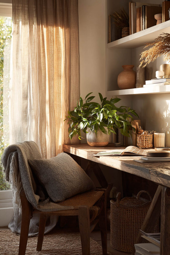 Cozy home office with wooden desk, indoor plant, neutral tones, and soft sunlight filtering through linen curtains for a natural, inviting look.