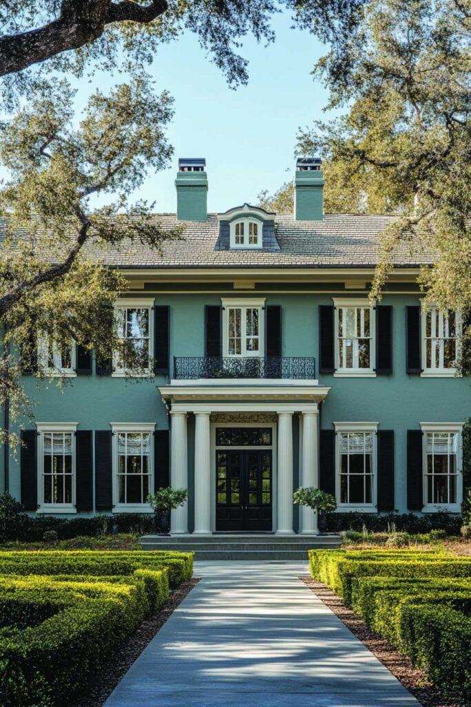 Elegant green house exterior with sage green walls, black shutters, and white columns framed by trimmed hedges and oak trees in front yard.
