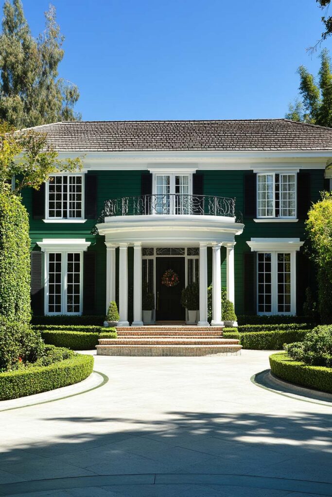 Elegant green Colonial-style house exterior with white columns, black shutters, brick steps, and trimmed hedges under a bright blue sky.