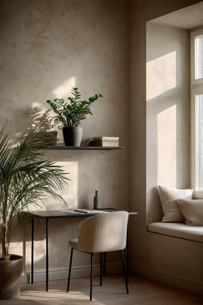 Calm home office with ZZ plant on a floating shelf and palm beside a minimalist desk in warm natural light.