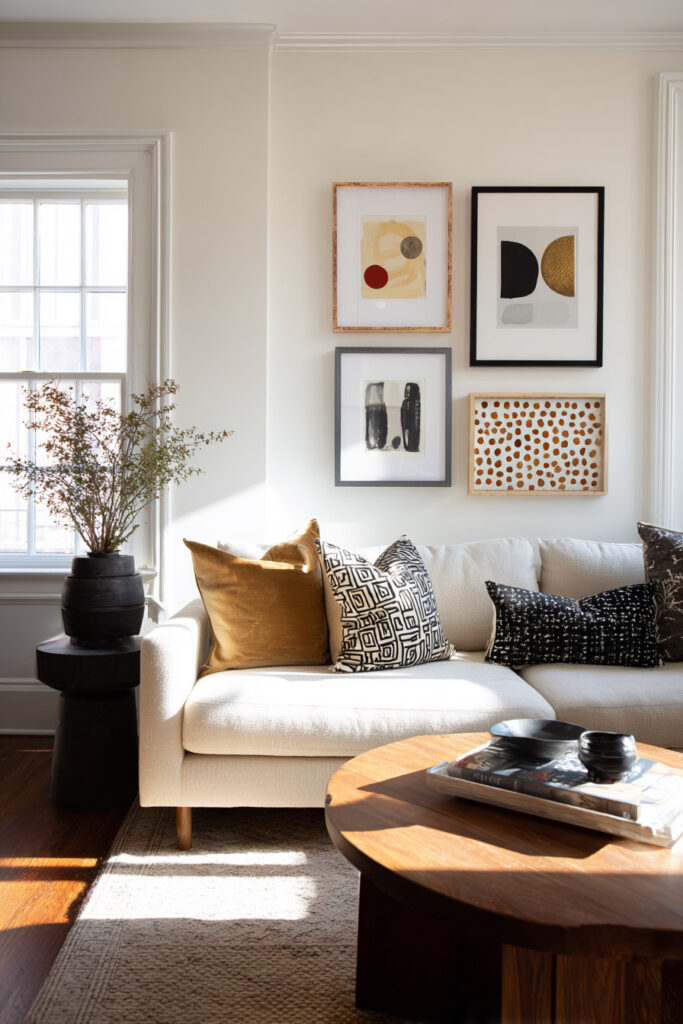 Modern living room with a neutral sofa, mustard and black patterned pillows, and a four-piece gallery wall featuring abstract black, gold, and red artwork in mixed frames.