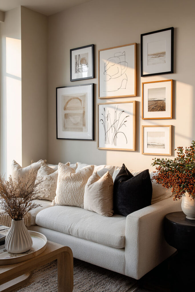 Neutral living room with modern gallery wall above beige sofa, featuring black and oak frames, abstract art prints, and cozy textured pillows.