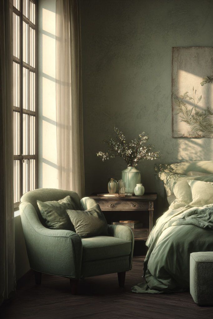 Sage green bedroom with armchair, wooden nightstand, and sunlight through window, styled with layered greens and soft neutral accents.
