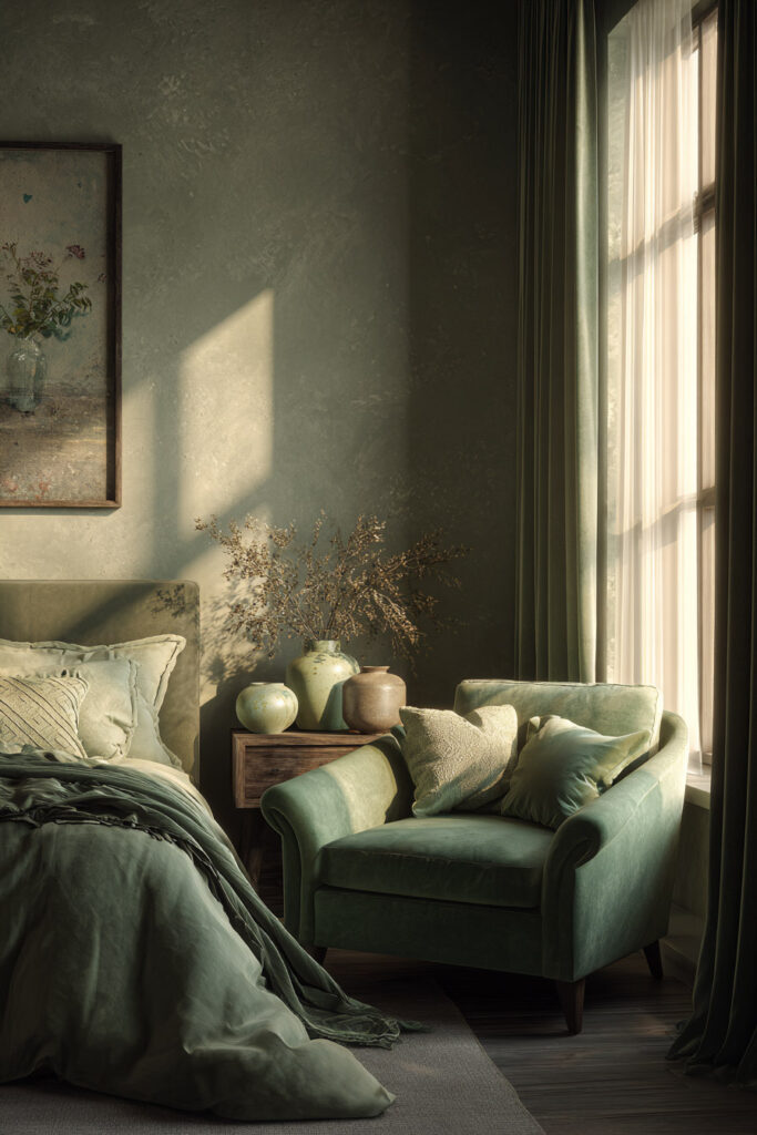 A serene sage green bedroom with layered shades of green on bedding, curtains, and an armchair, softly illuminated by natural window light. Neutral vases and dried stems on a wooden nightstand add organic warmth and texture.