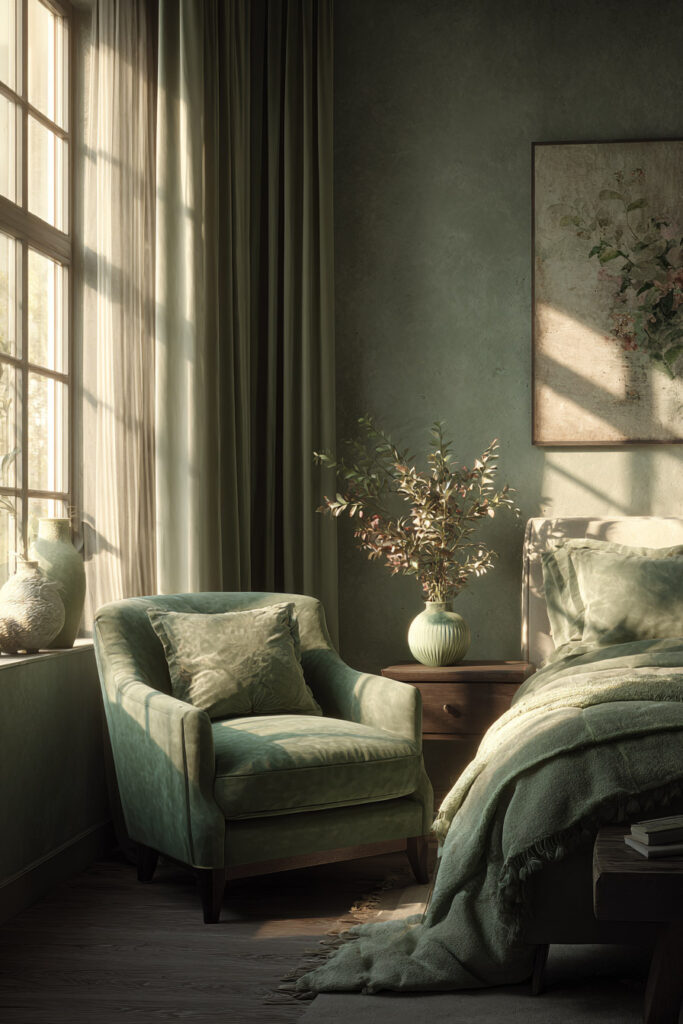 Sage green bedroom with velvet armchair, layered green bedding, and natural sunlight creating a cozy, calming atmosphere with tonal depth.