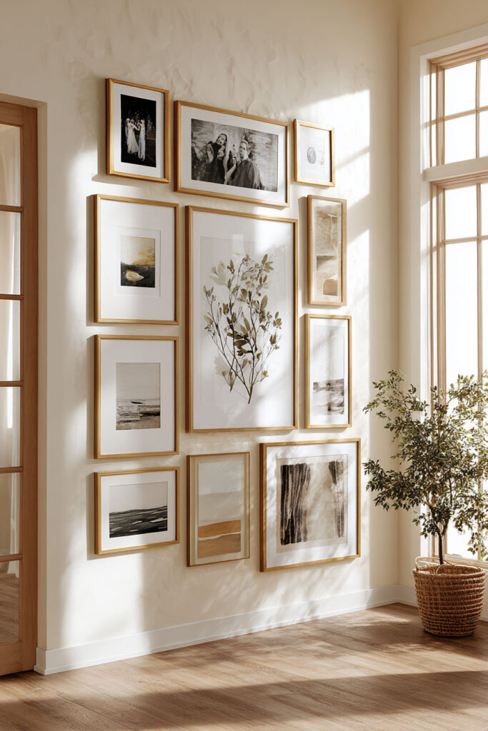 Bright living space with mixed art and photo gallery wall in gold frames, featuring botanical and landscape prints in natural light.